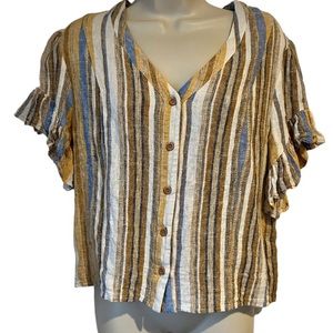 Drew Anthropologie‎ Beverly Linen Striped Ruffle Sleeve Blouse Shirt Sz Medium